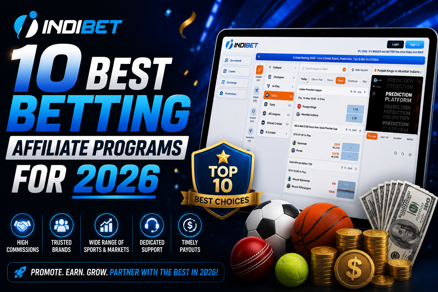Promotional banner for IndiBet: '10 Best Betting Affiliate Programs for 2026' with a laptop UI, sports balls, and cash imagery.