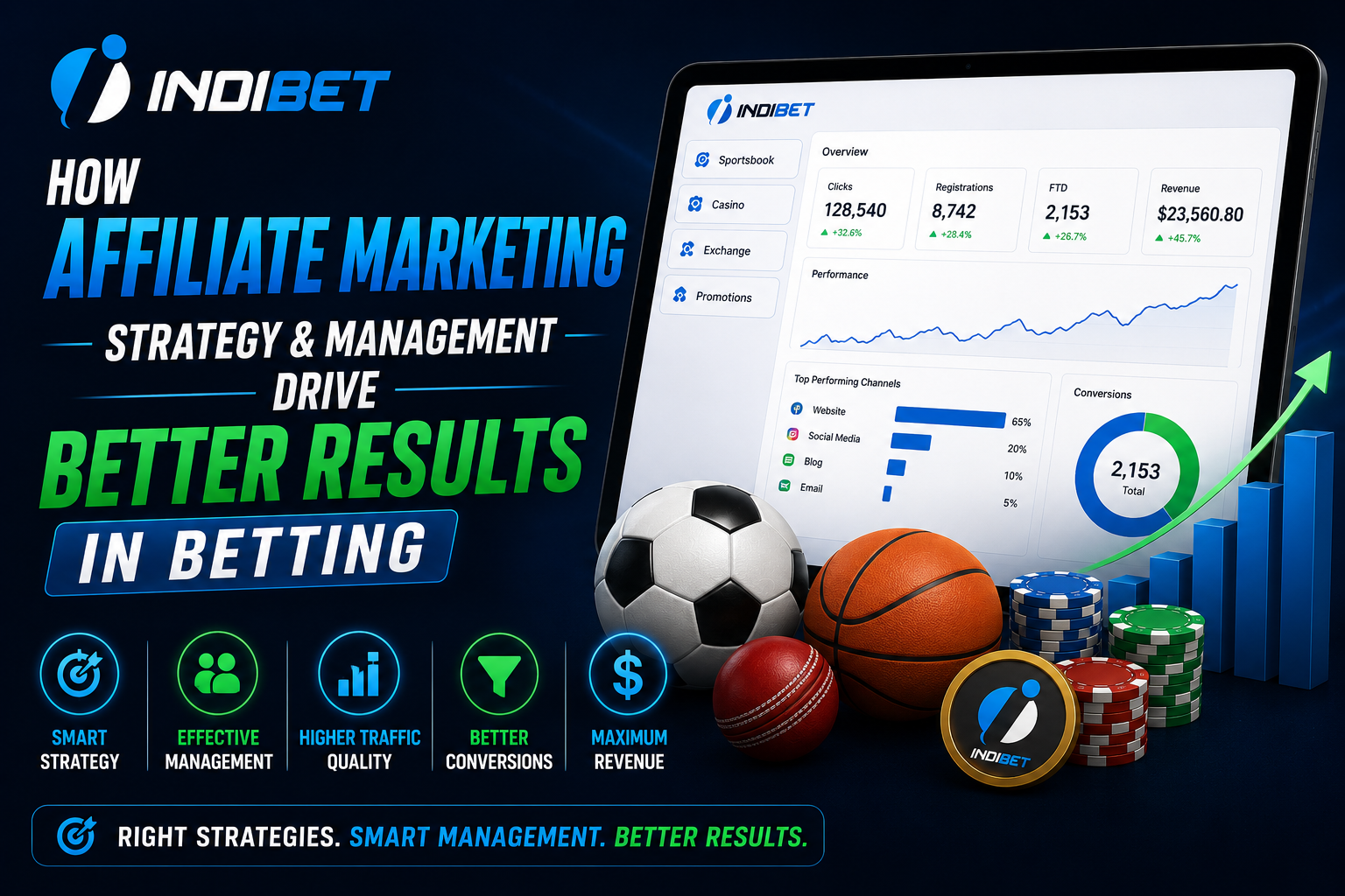 Advert for INDIBET affiliate marketing showing bold blue and green headlines and a tablet displaying a dashboard with metrics like clicks, revenue, and charts, plus sports balls and poker chips.