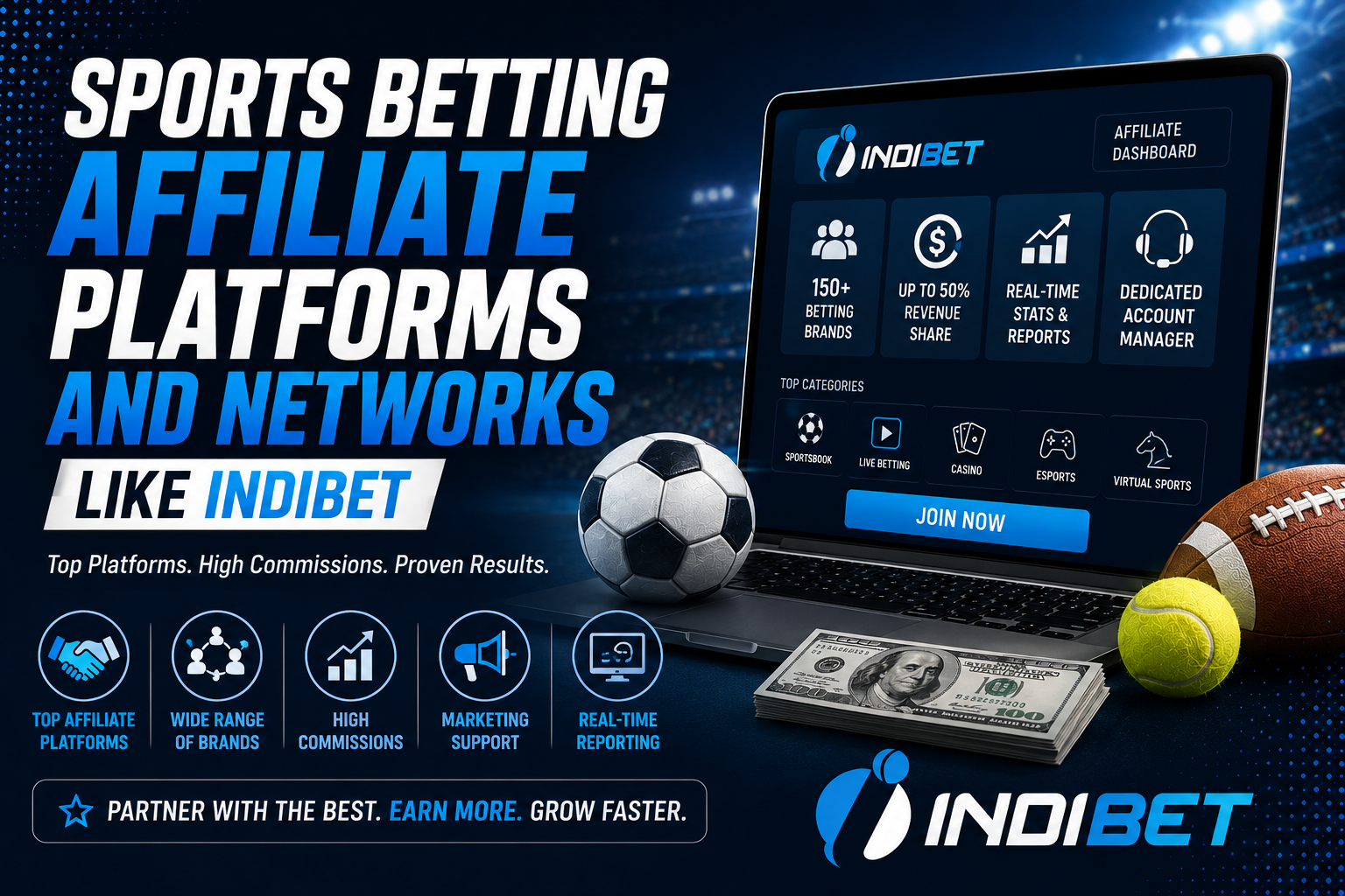 Promotional banner for sports betting affiliates showing a laptop dashboard, sports balls, and stacks of cash with blue text.