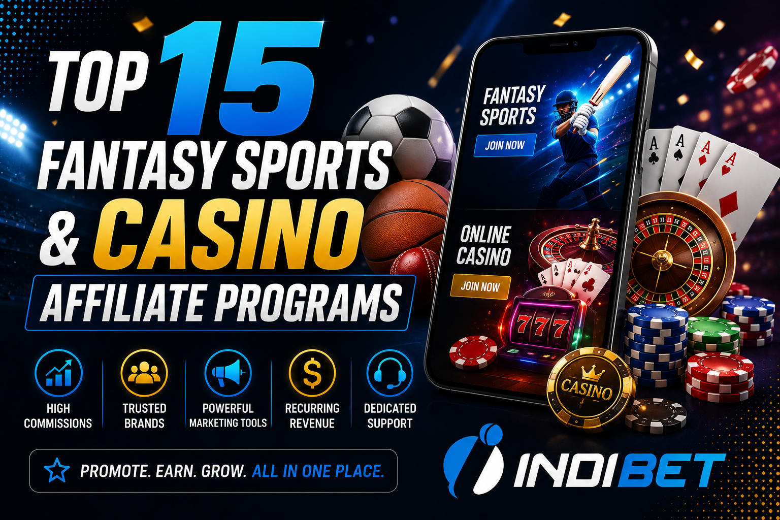 Banner advertising 'Top 15 Fantasy Sports & Casino Affiliate Programs' with a smartphone, sports balls, playing cards, and casino chips.