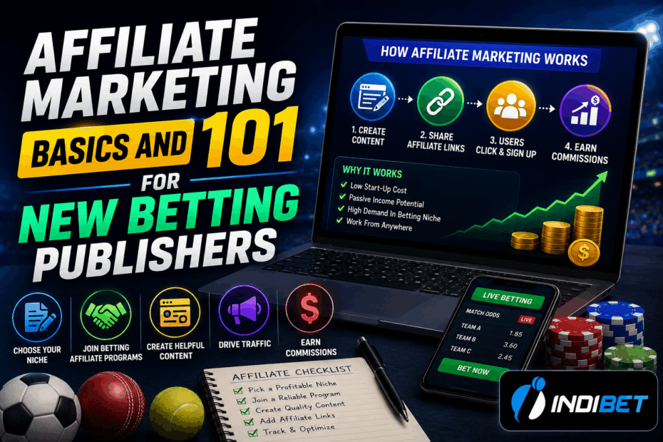 Infographic about affiliate marketing basics for new betting publishers, with a laptop showing the 'How Affiliate Marketing Works' steps and betting icons.
